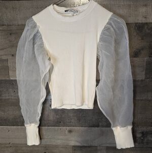 Zara Cream Ribbed Top with Sheer Puff Sleeves